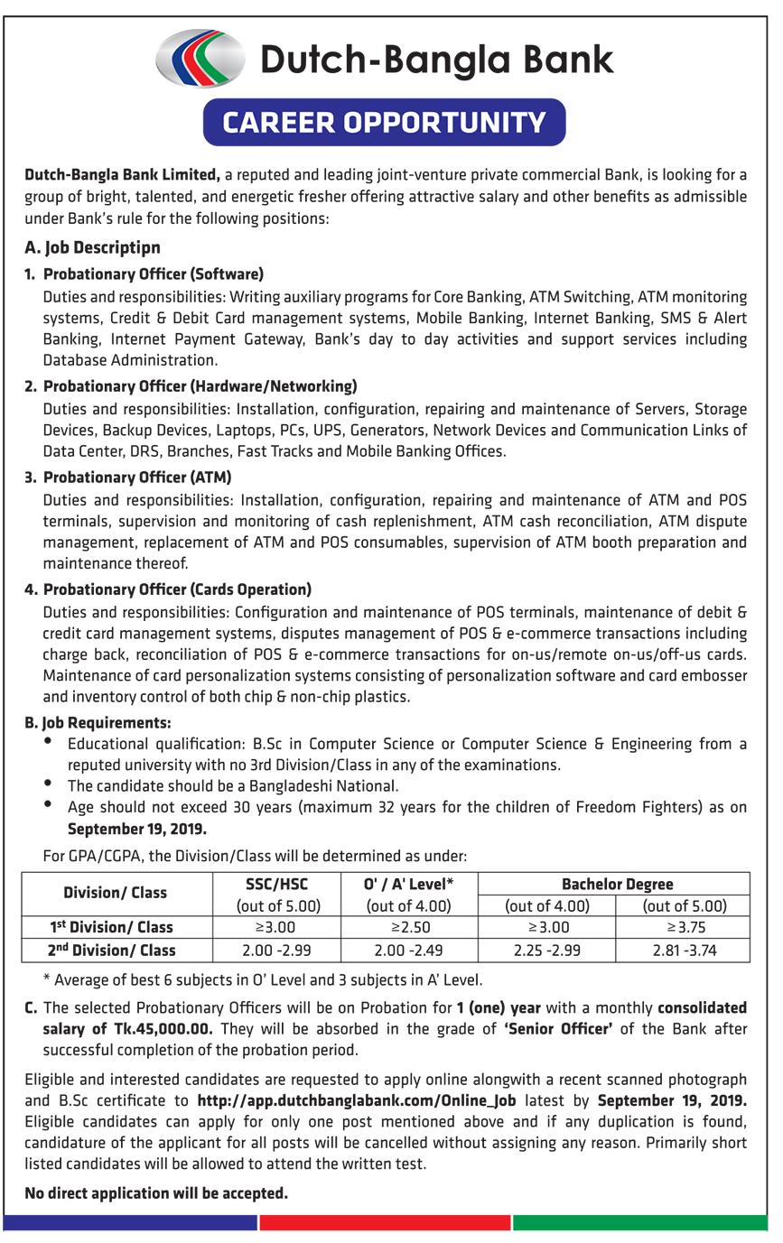 Dutch Bangla Bank Job Circular august 2019