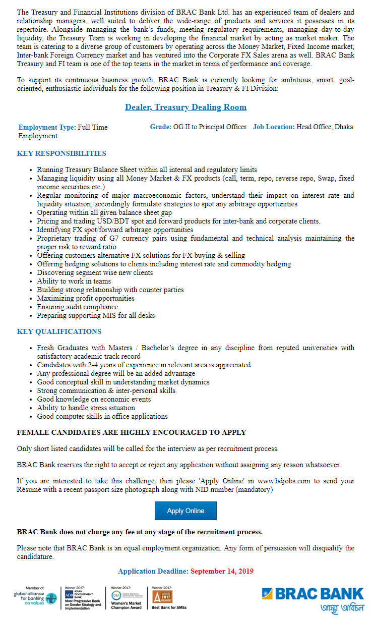 brac bank job circular sept 2019